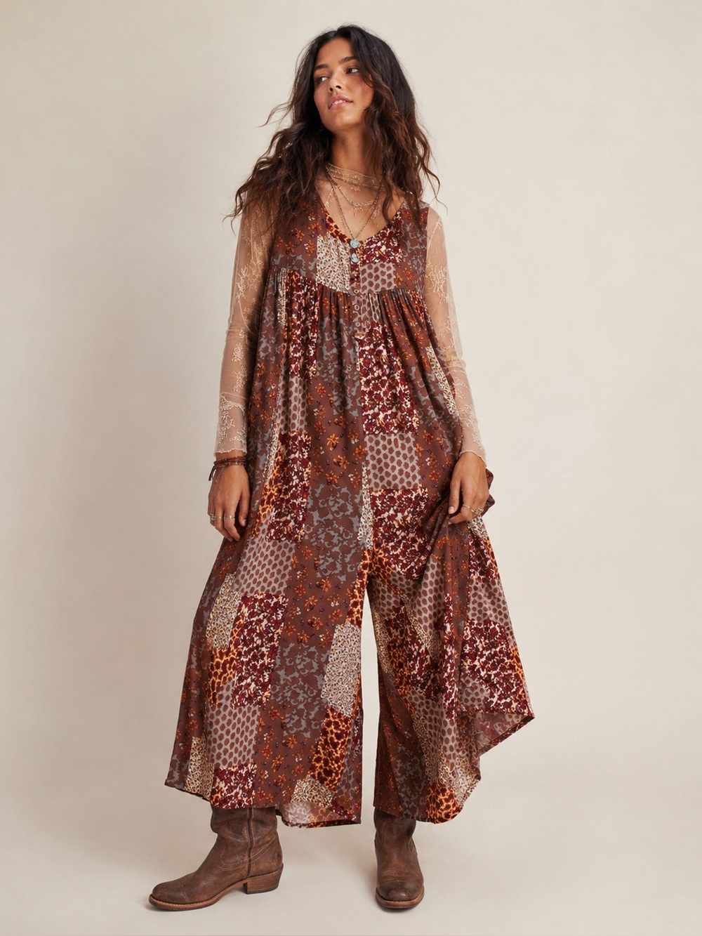 Patchwork Floral Wide-Leg Jumpsuit in Brown